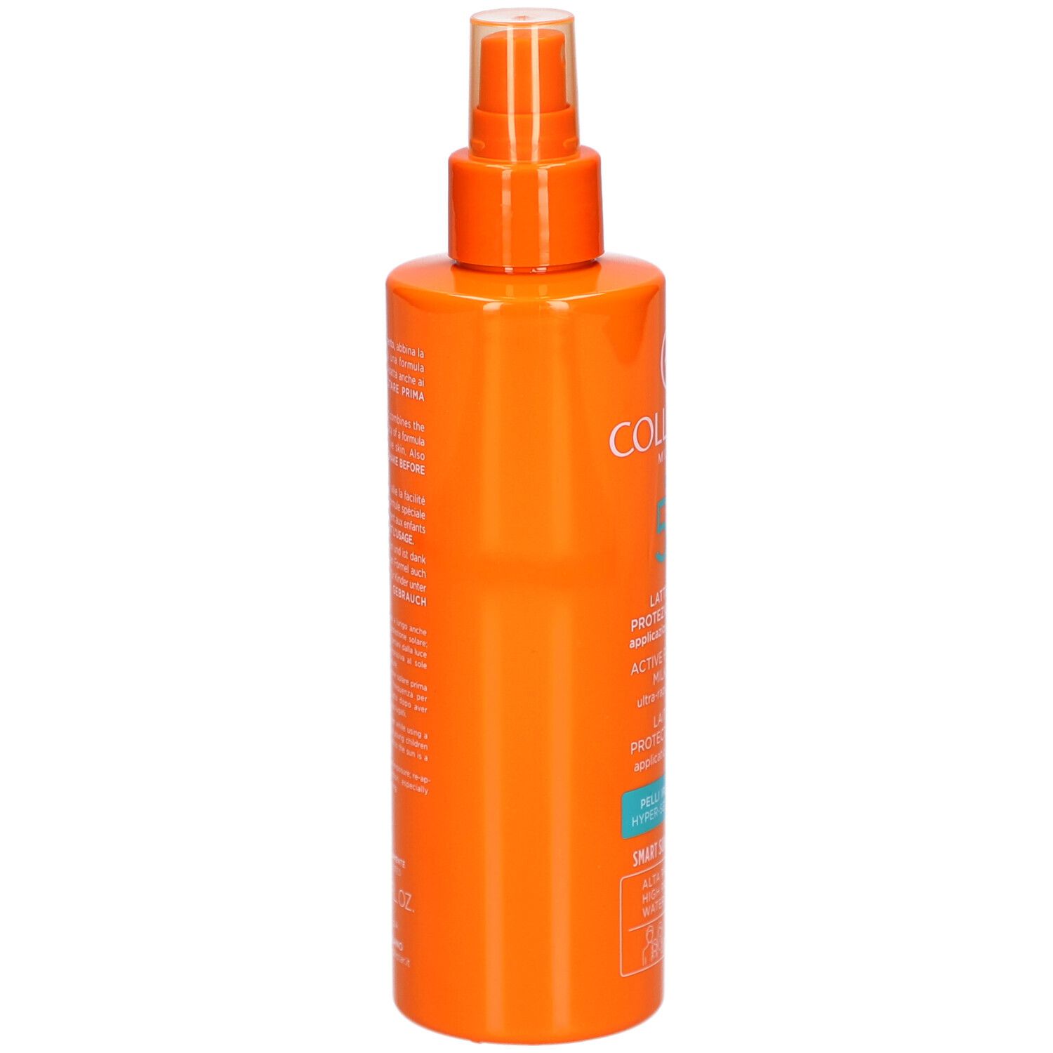 Flacon spray orange. Impression avec informations produit. Marque Collistar Milano.