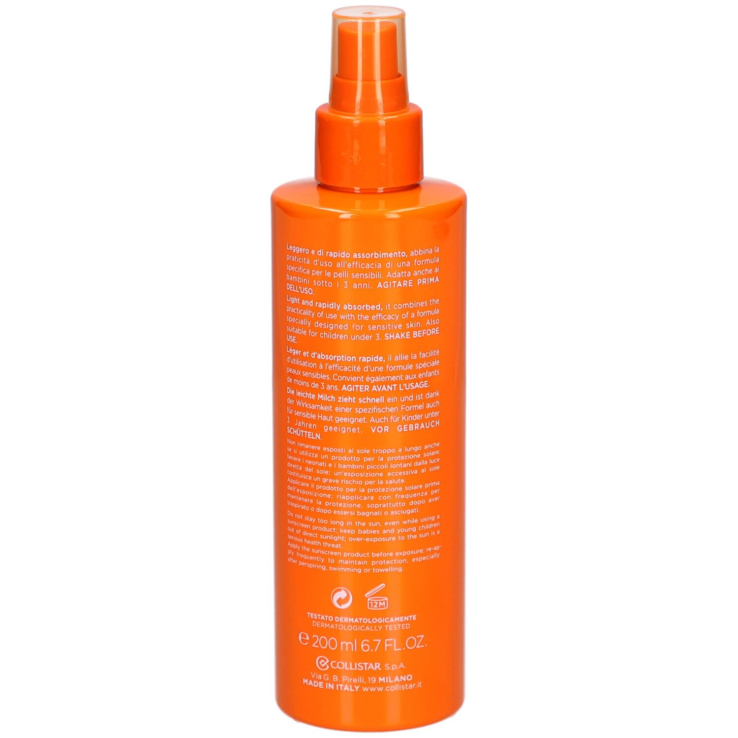 Flacon spray orange. Dos avec informations produit. Marque Collistar Milano.