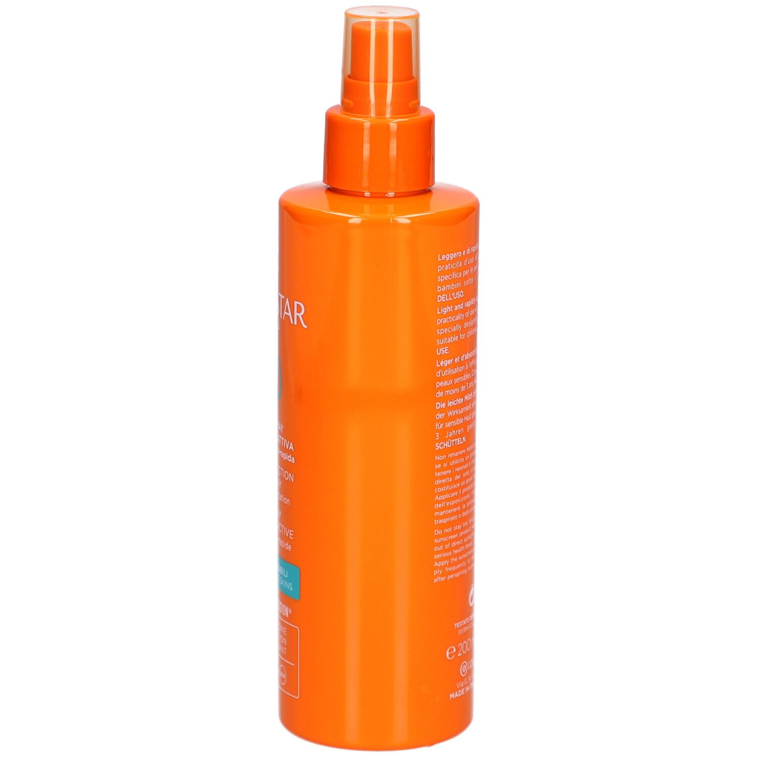 Flacon spray orange. Dos avec informations produit. Marque Collistar Milano.