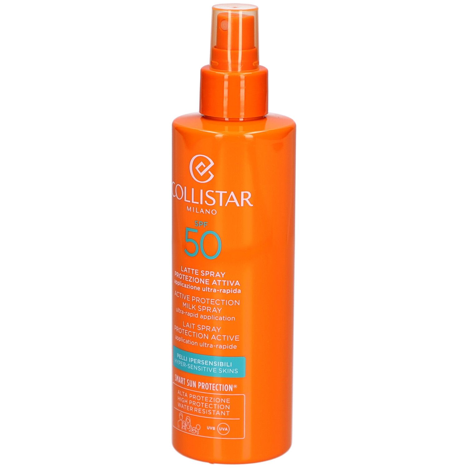 Flacon spray orange avec impression blanche. Contient SPF 50. Marque Collistar Milano.