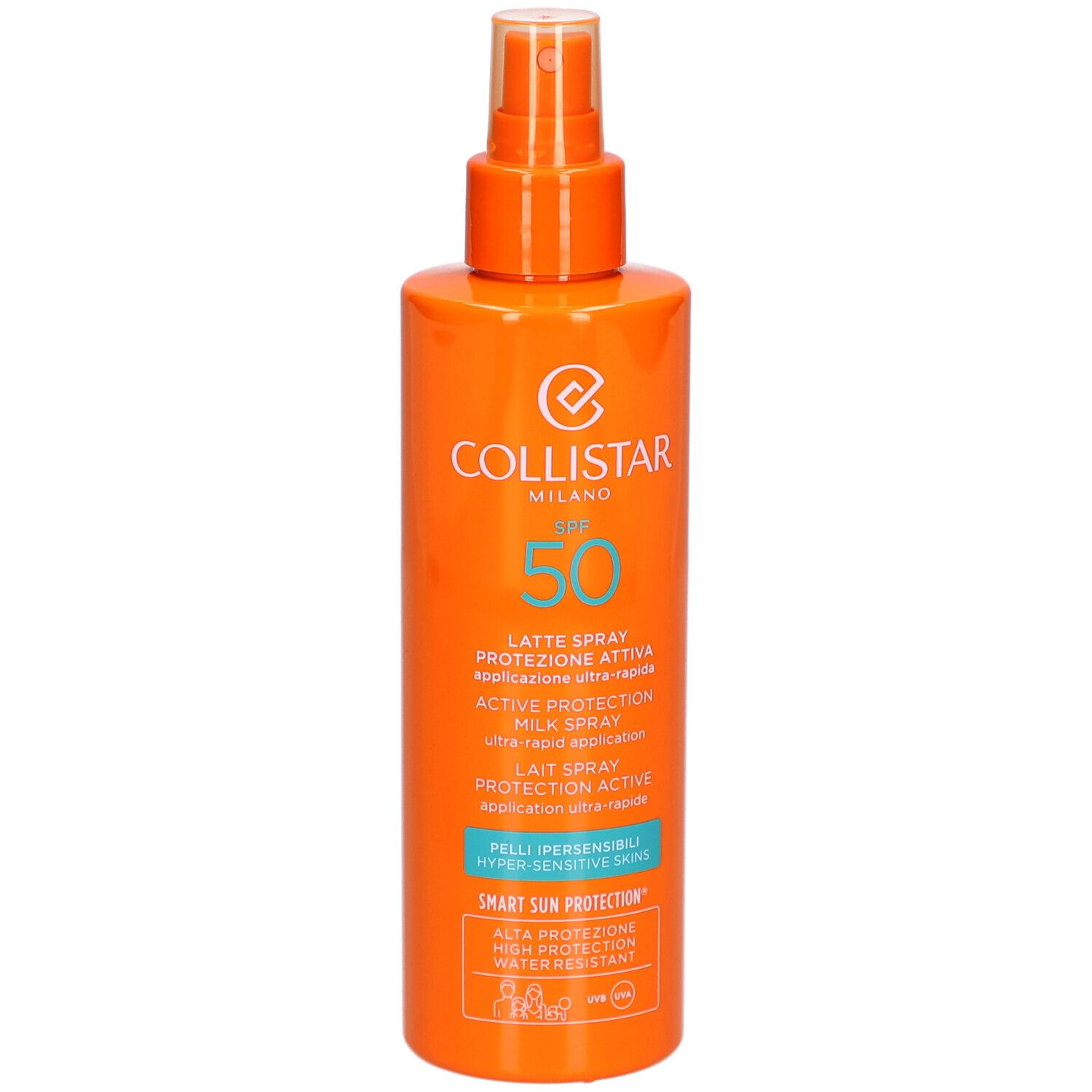 Flacon spray orange avec impression blanche. Contient SPF 50. Marque Collistar Milano.