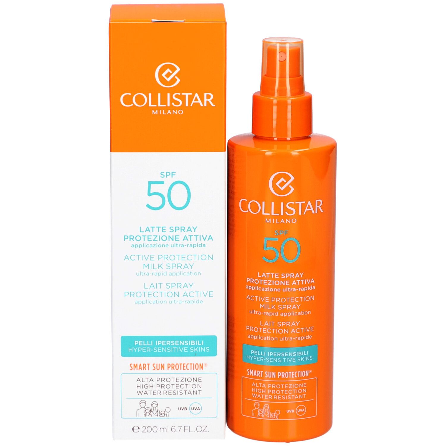 Flacon spray orange et emballage. Contient SPF 50. Marque Collistar Milano.