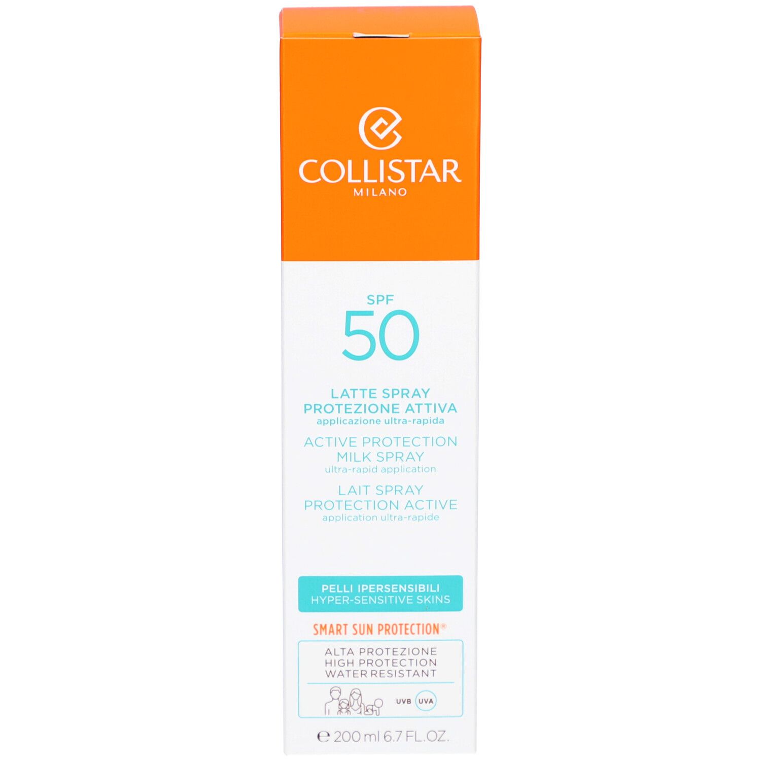 Emballage avec impression blanche. Contient SPF 50. Marque Collistar Milano.