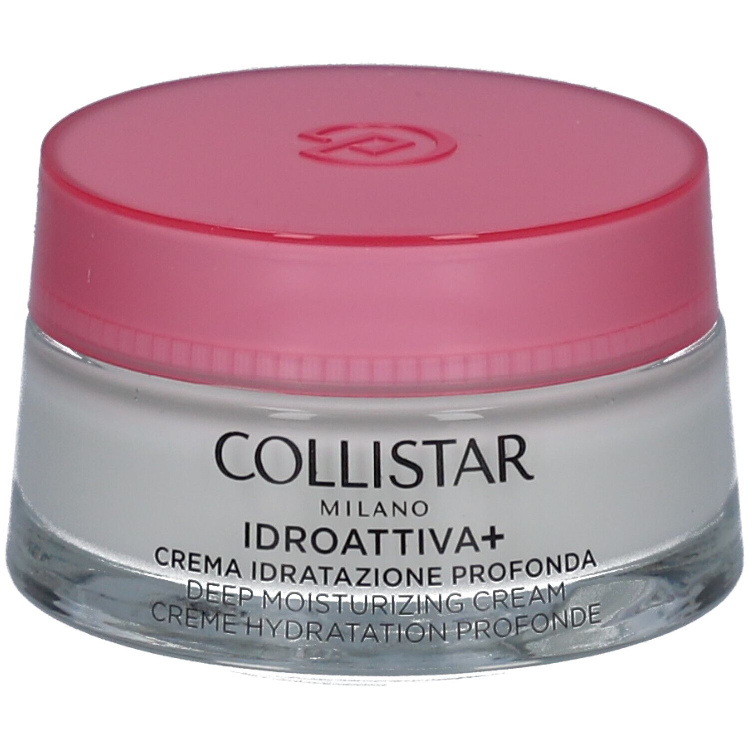 Crèmepot met roze deksel. Opschrift: COLLISTAR, IDROATTIVA+, Deep Moisturizing Cream.
