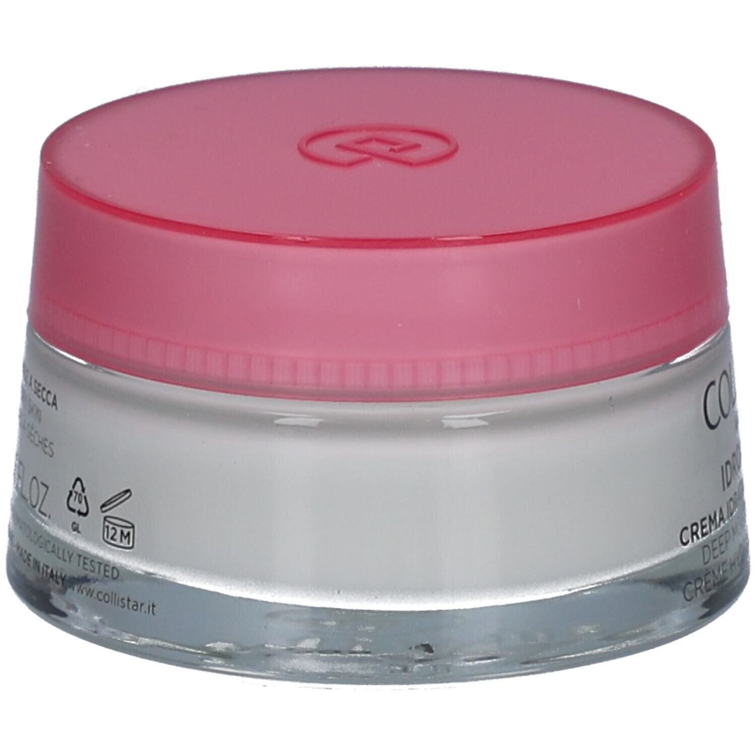 Achterkant van de crèmepot met roze deksel. Opschrift: COLLISTAR, IDROATTIVA+, Deep Moisturizing Cream.