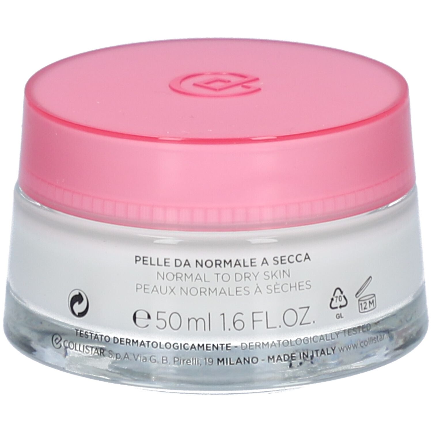 Crèmepot met roze deksel. Opschrift: COLLISTAR, IDROATTIVA+, Deep Moisturizing Cream. Normale tot droge huid.