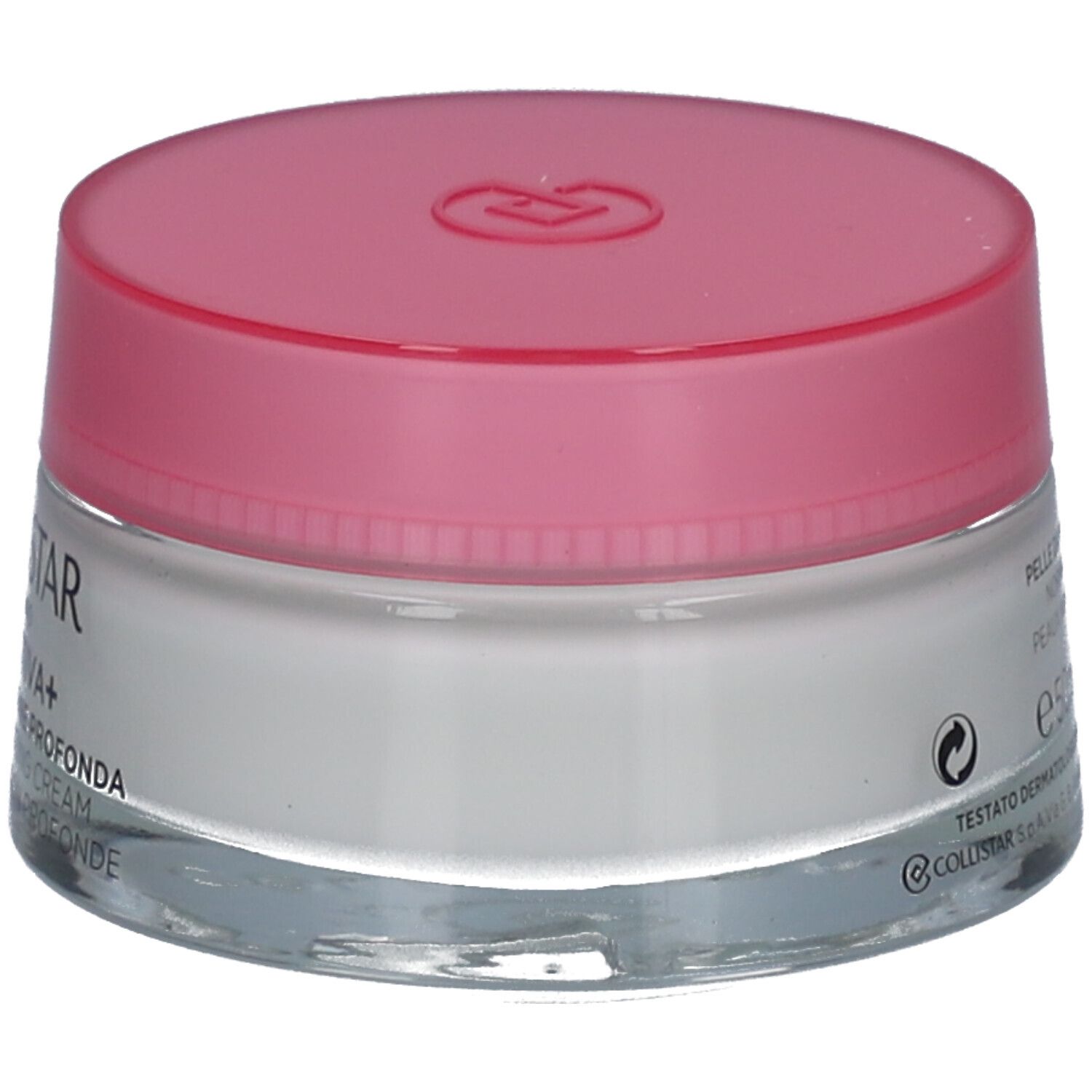 Crèmepot met roze deksel. Opschrift: COLLISTAR, IDROATTIVA+, Deep Moisturizing Cream.