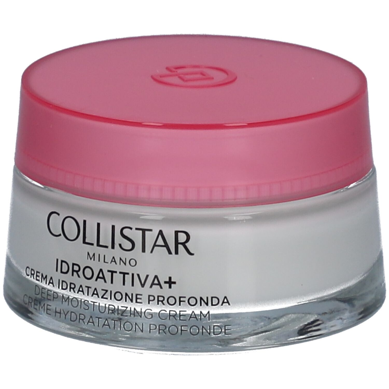 Crèmepot met roze deksel. Opschrift: COLLISTAR, IDROATTIVA+, Deep Moisturizing Cream.