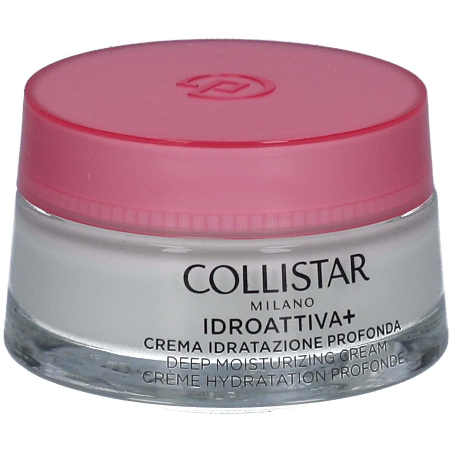 Crèmepot met roze deksel. Opschrift: COLLISTAR, IDROATTIVA+, Deep Moisturizing Cream.