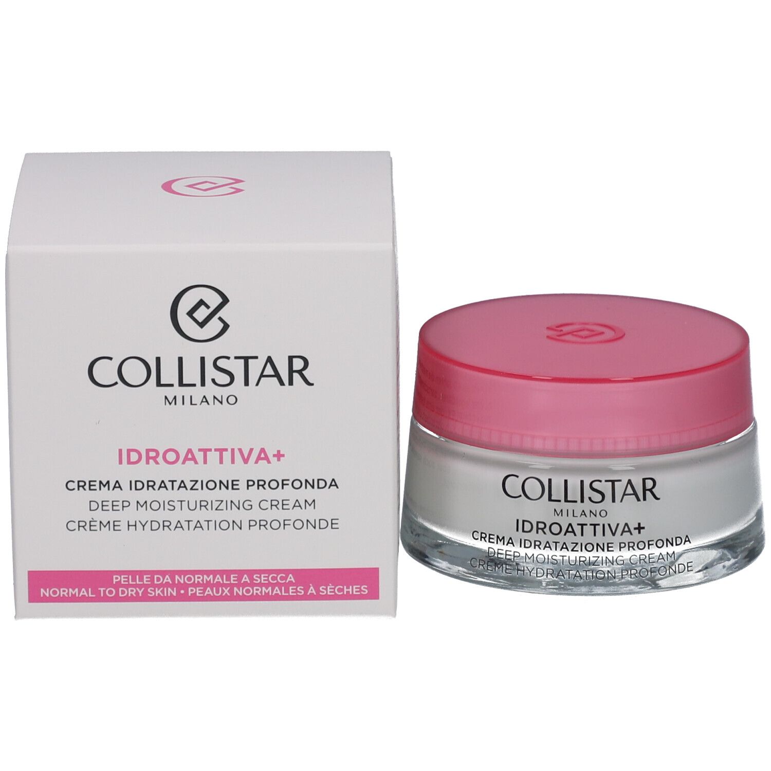 Crèmepot met roze deksel en verpakking. Opschrift: COLLISTAR, IDROATTIVA+, Deep Moisturizing Cream.
