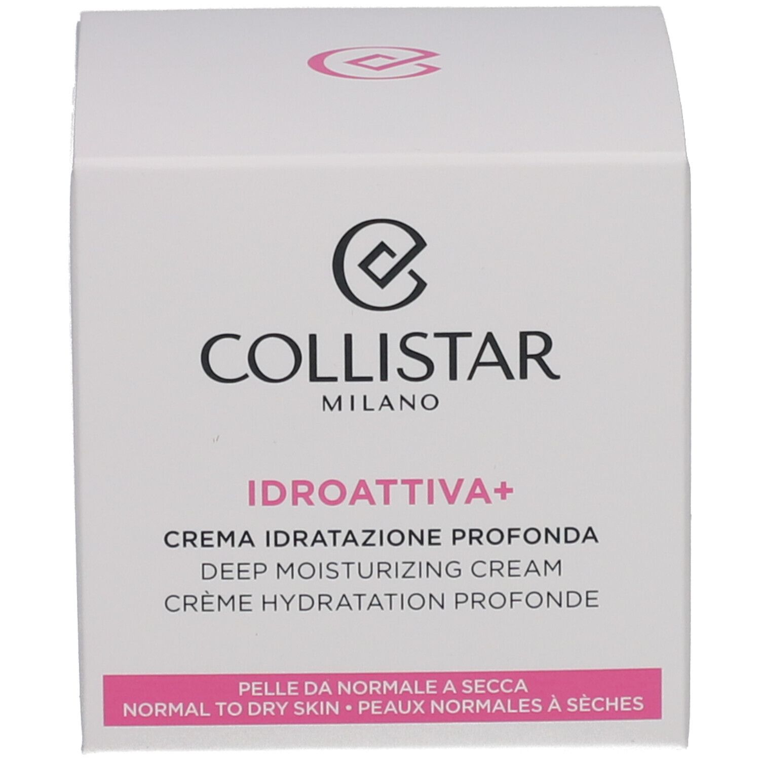 Verpakking met opschrift: COLLISTAR, IDROATTIVA+, Deep Moisturizing Cream. Normale tot droge huid.