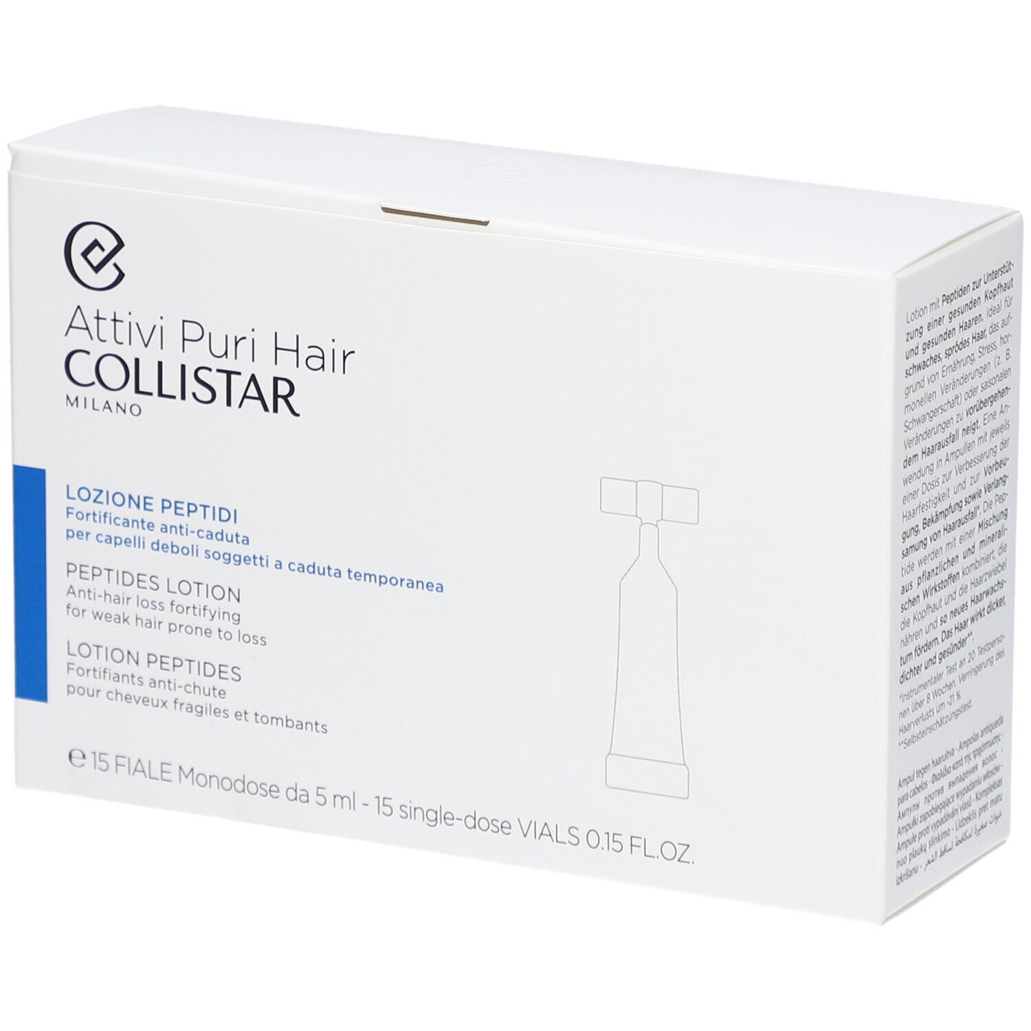 Witte doos met productopdruk. Tekst: Attivi Puri Hair Collistar, Lozione Peptidi, Peptides Lotion, Lotion Peptides.