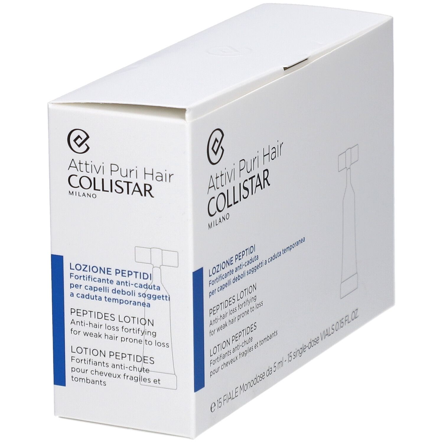 Witte doos met productopdruk. Tekst: Attivi Puri Hair Collistar, Lozione Peptidi, Peptides Lotion, Lotion Peptides.
