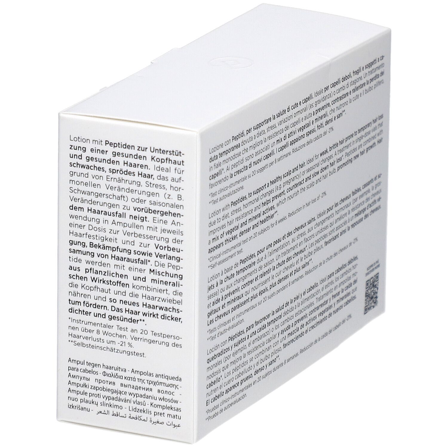 Achterkant van de witte doos met productinformatie. Tekst: Attivi Puri Hair Collistar, Lozione Peptidi, Peptides Lotion, Lotion Peptides.