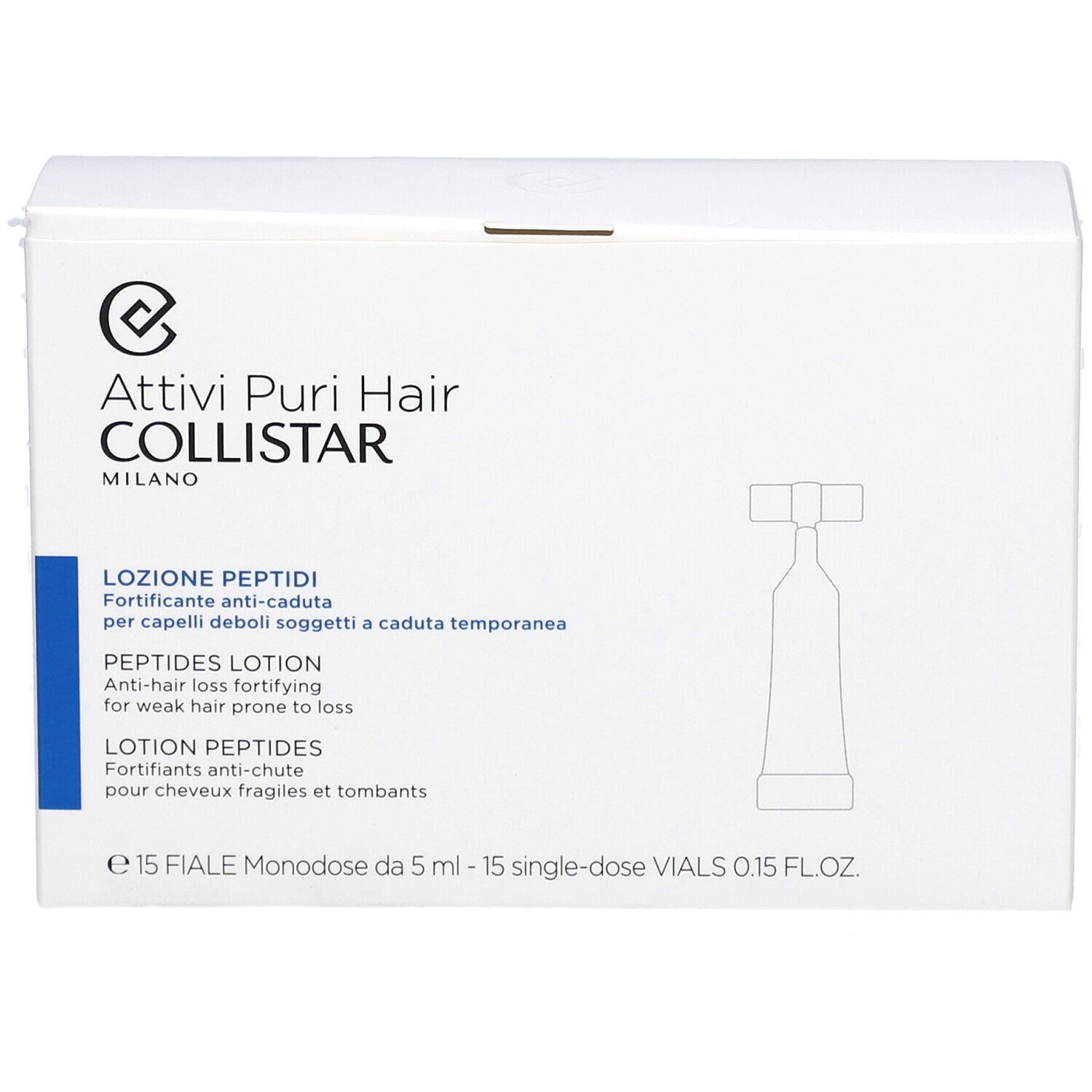 Witte doos met productopdruk. Tekst: Attivi Puri Hair Collistar, Lozione Peptidi, Peptides Lotion, Lotion Peptides.