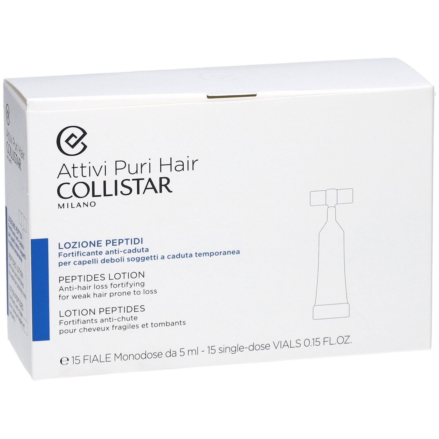 Witte doos met productopdruk. Tekst: Attivi Puri Hair Collistar, Lozione Peptidi, Peptides Lotion, Lotion Peptides.