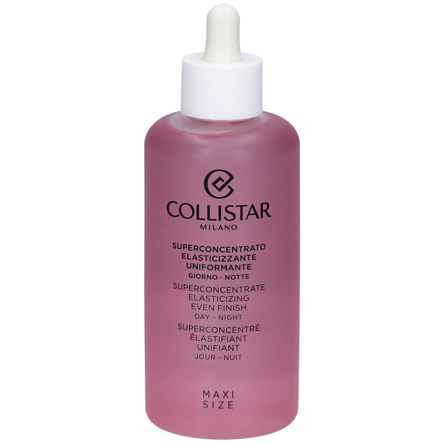 Roze fles met witte dop en pipet. Tekst: Collistar, Superconcentrate Elasticizing Even Finish Day-Night.