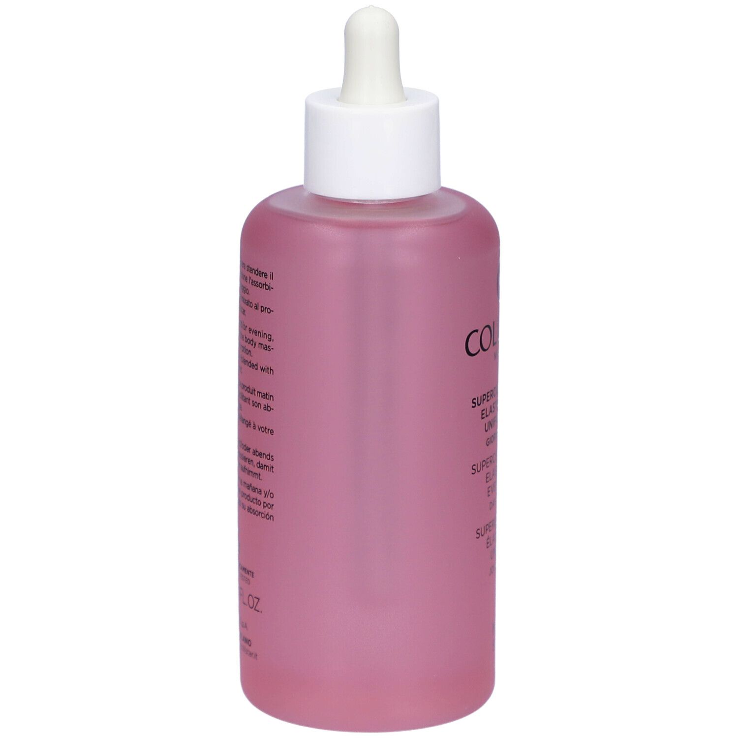 Achterkant van een roze fles met witte dop en pipet. Tekst: Collistar, Superconcentrate Elasticizing Even Finish.