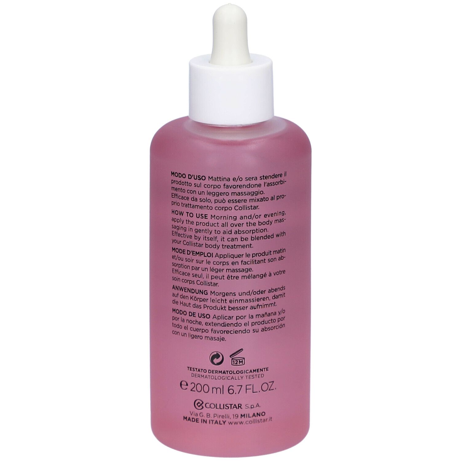 Achterkant van een roze fles met witte dop en pipet. Meertalige tekst. 200 ml.
