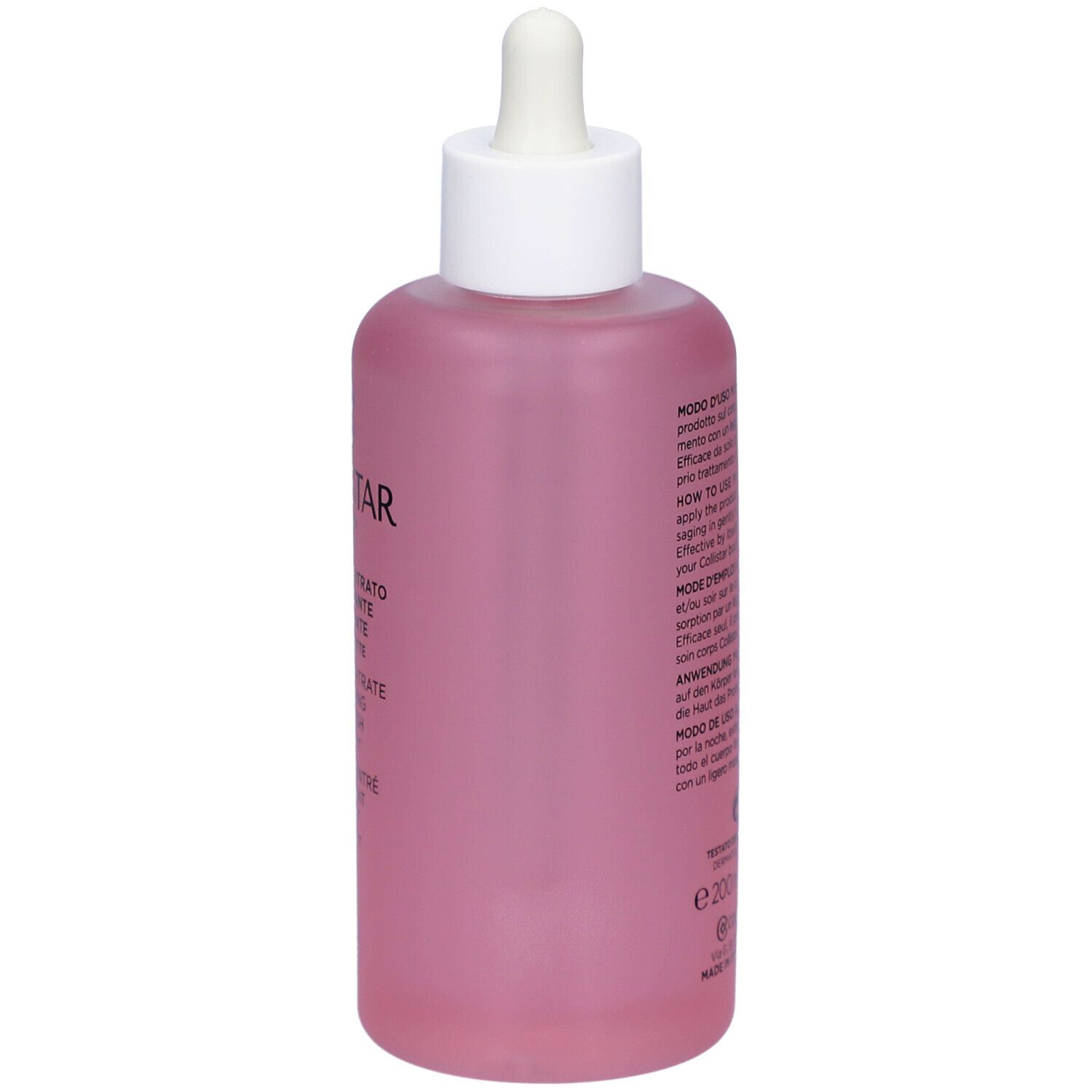 Achterkant van een roze fles met witte dop en pipet. Tekst: Collistar, Superconcentrate Elasticizing Even Finish.