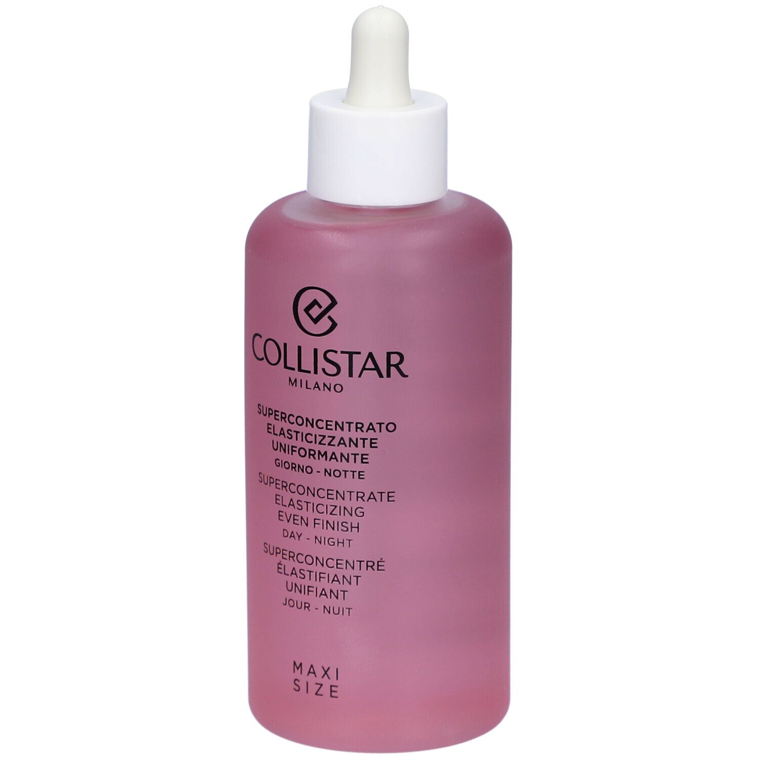 Roze fles met witte dop en pipet. Tekst: Collistar, Superconcentrate Elasticizing Even Finish Day-Night. Maxi Size.