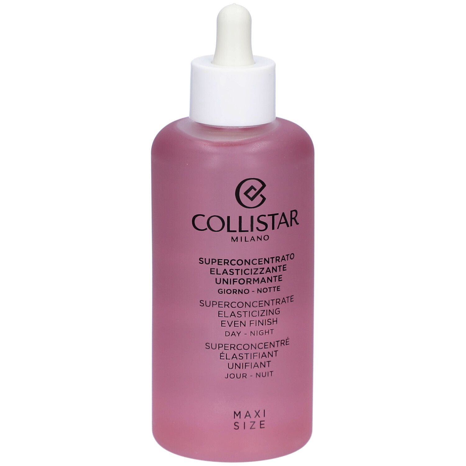 Roze fles met witte dop en pipet. Tekst: Collistar, Superconcentrate Elasticizing Even Finish Day-Night. Maxi Size.