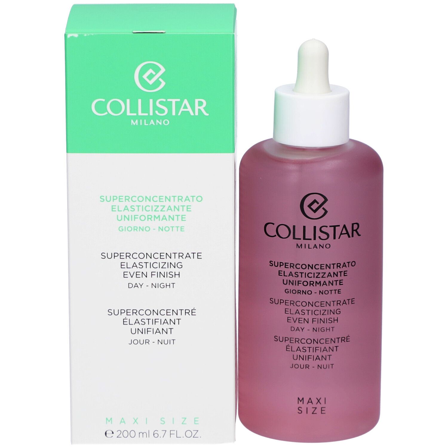 Productverpakking en fles. Tekst: Collistar, Superconcentrate Elasticizing Even Finish Day-Night. Maxi Size. 200 ml.