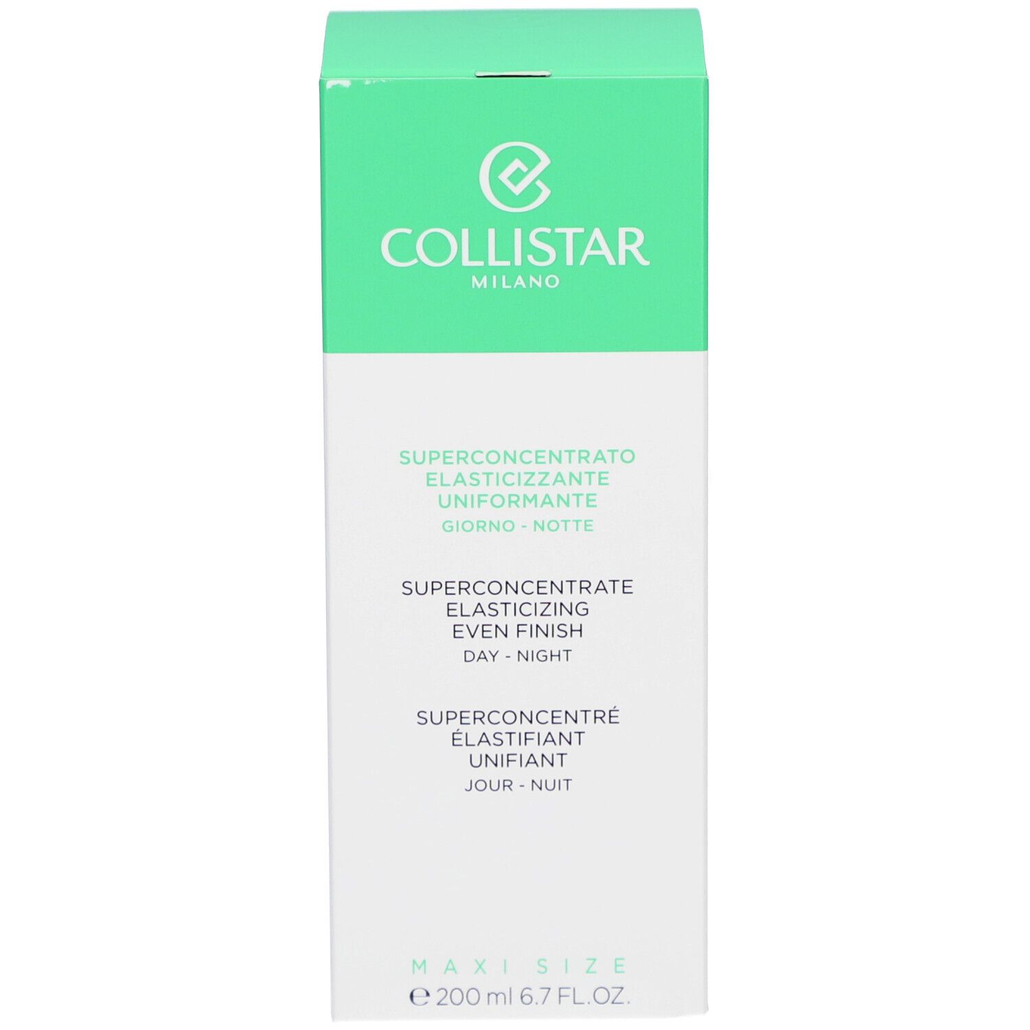Productverpakking. Tekst: Collistar, Superconcentrate Elasticizing Even Finish Day-Night. Maxi Size. 200 ml.