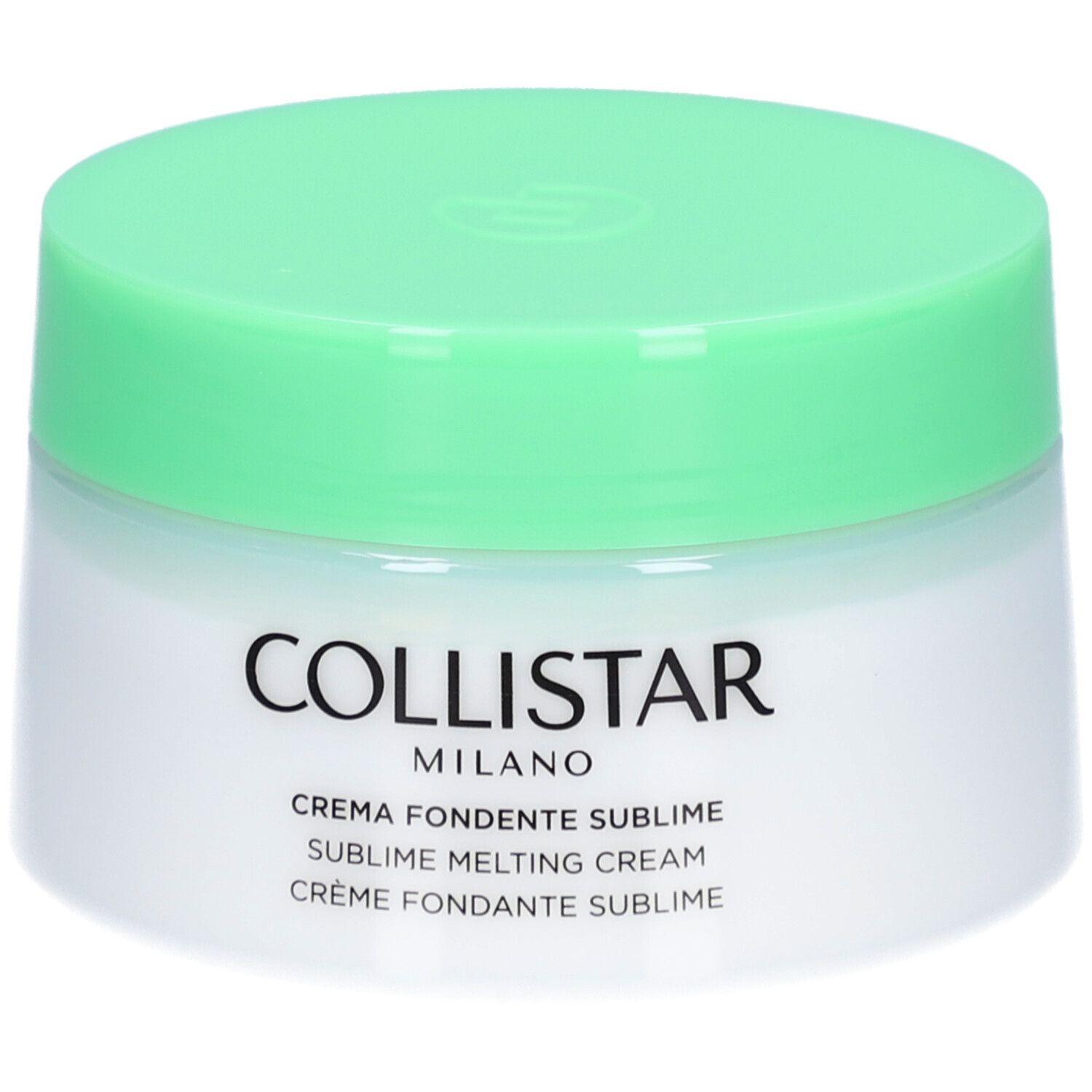Crèmepot met groene deksel. Opschrift: Collistar Milano, Crema Fondente Sublime, Sublime Melting Cream, Crème Fondante Sublime.