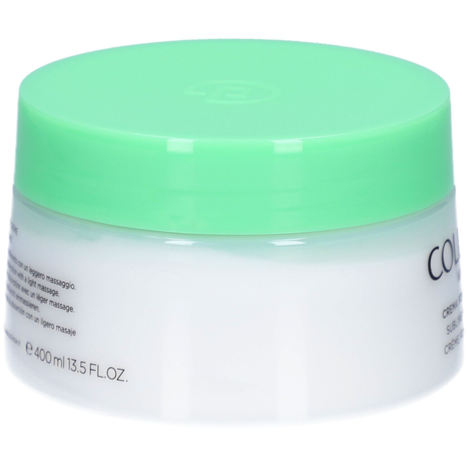 Crèmepot met groene deksel. Op de zijkant: tekst, 400 ml, 13,5 FL.OZ.