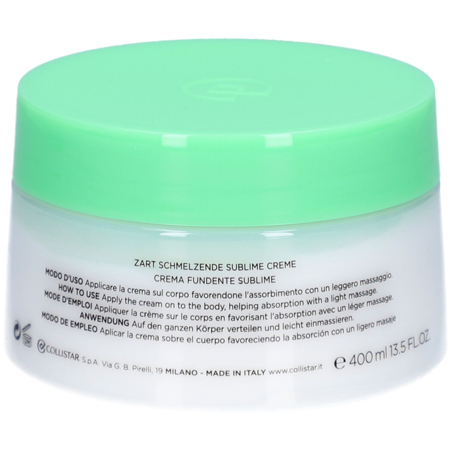 Crèmepot met groene deksel. Op de zijkant: tekst, 400 ml, 13,5 FL.OZ. Meertalige gebruiksaanwijzing.