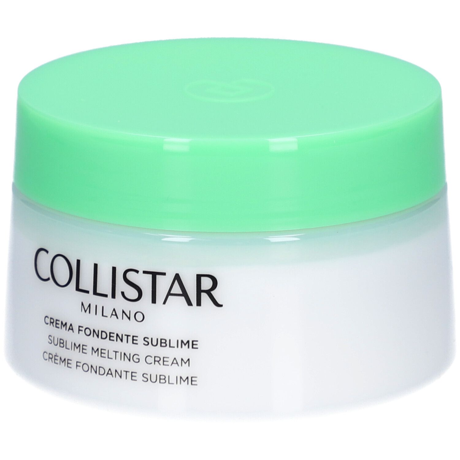 Crèmepot met groene deksel. Opschrift: Collistar Milano, Crema Fondente Sublime, Sublime Melting Cream, Crème Fondante Sublime.