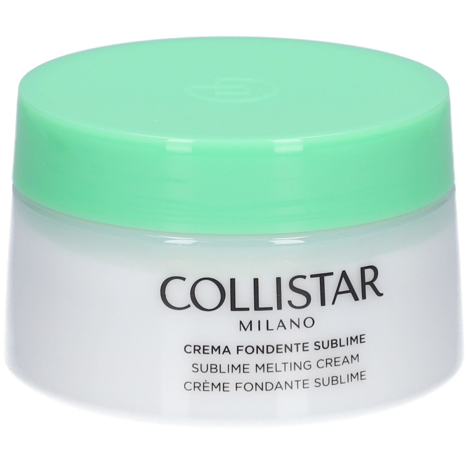 Crèmepot met groene deksel. Opschrift: Collistar Milano, Crema Fondente Sublime, Sublime Melting Cream, Crème Fondante Sublime.
