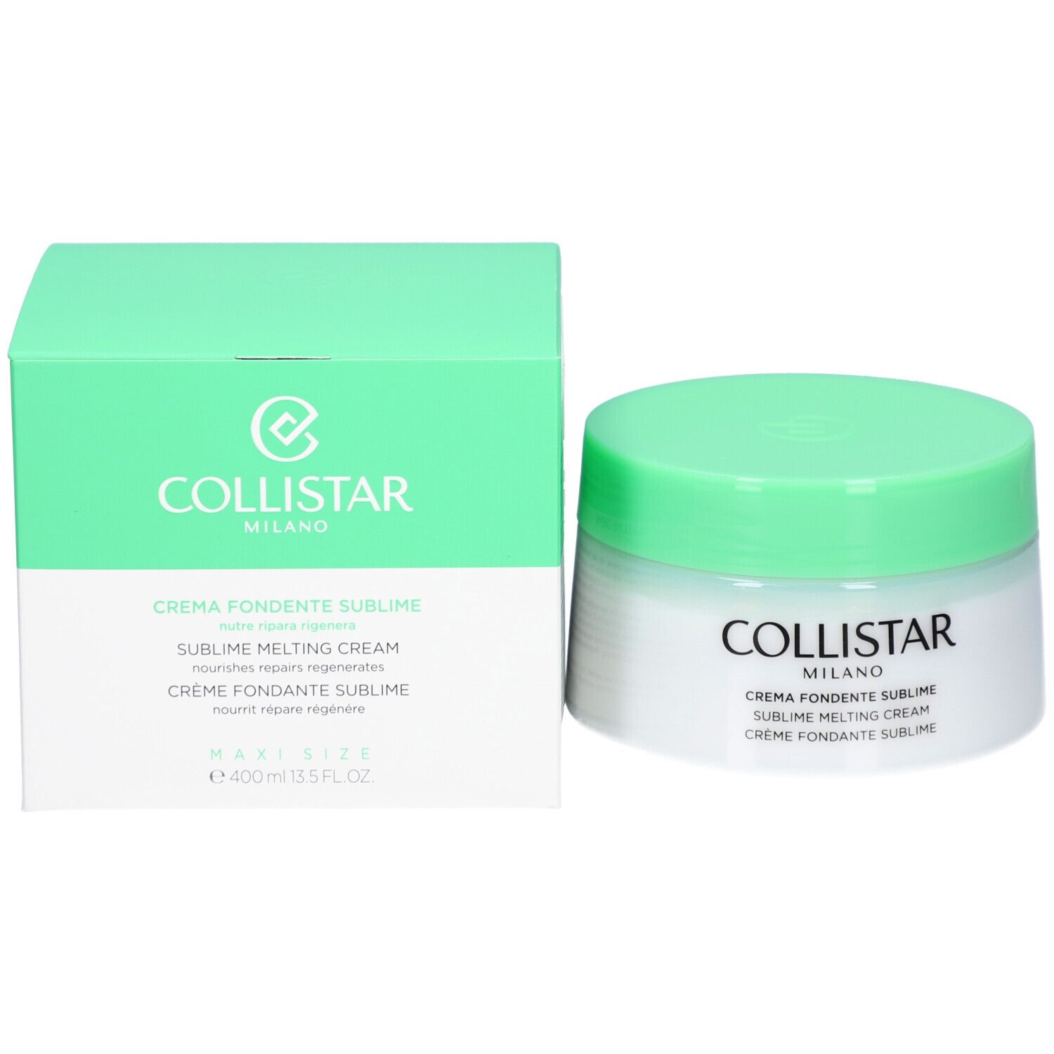 Crèmepot en doos. Opschrift: Collistar Milano, Crema Fondente Sublime, Sublime Melting Cream, Crème Fondante Sublime, 400 ml.