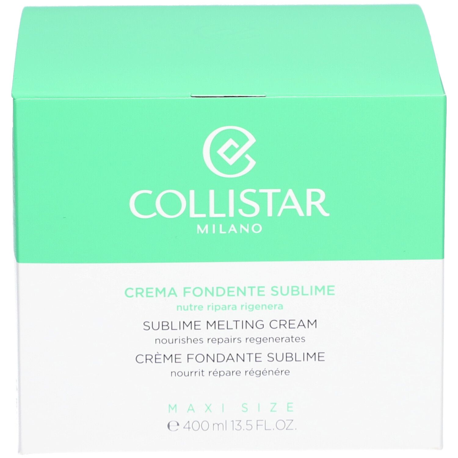 Doos met opschrift: Collistar Milano, Crema Fondente Sublime, Sublime Melting Cream, Crème Fondante Sublime, 400 ml.