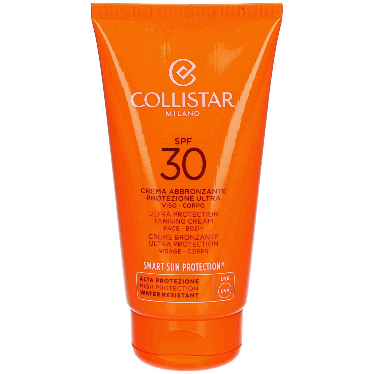 Oranje tube met witte tekst. Bevat SPF 30. Merk: Collistar Milano. Tekst: Ultra Protection Tanning Cream.