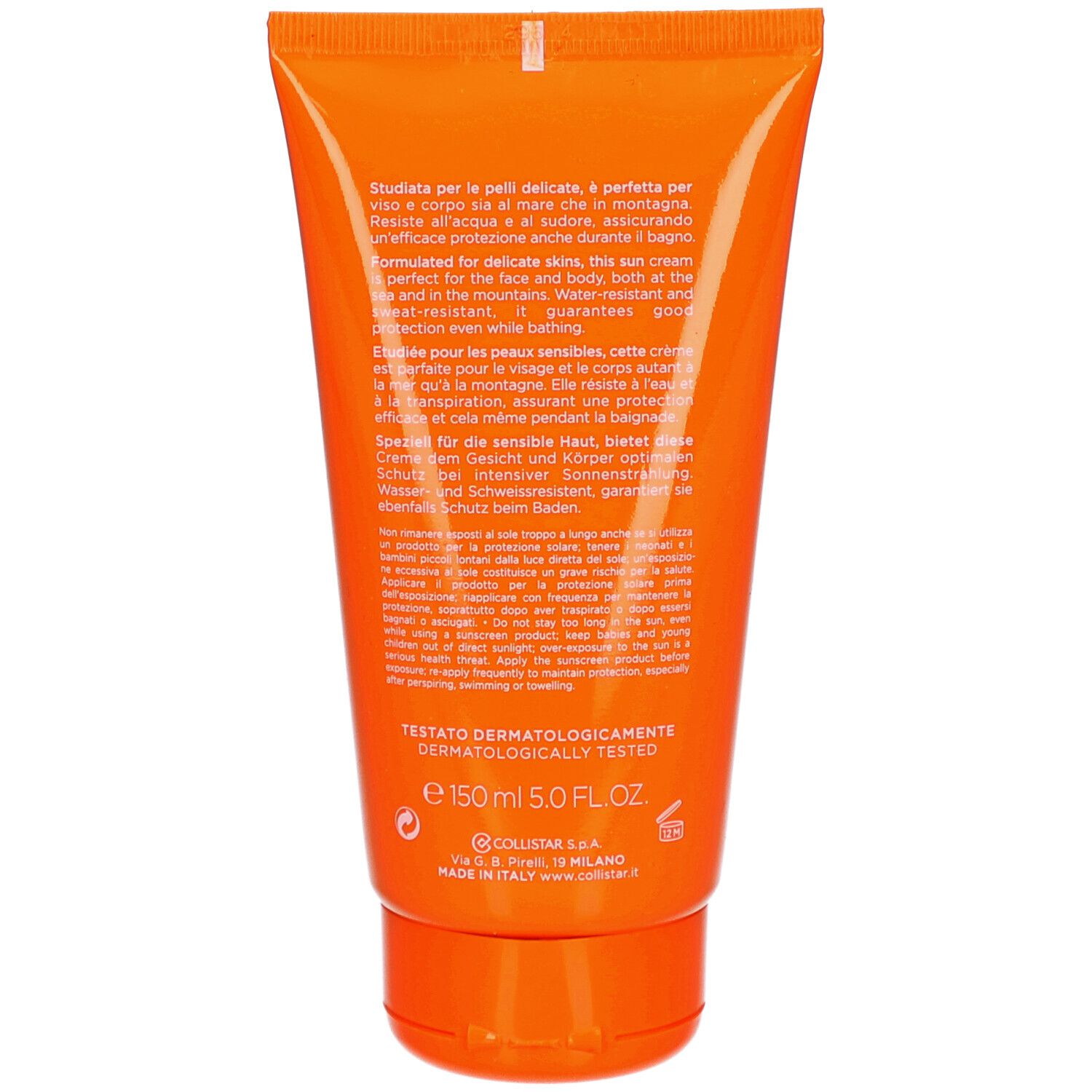 Achterkant van een oranje tube. Meertalige tekst. Dermatologisch getest. Volume: 150 ml.