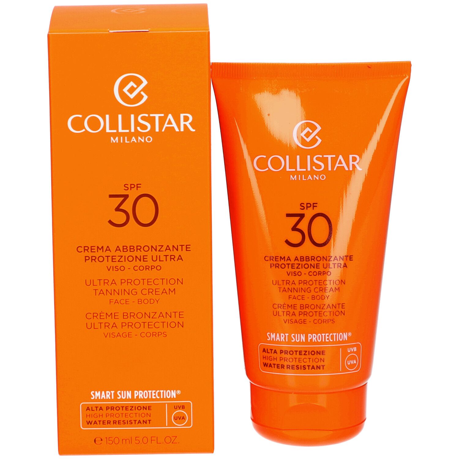 Oranje verpakking en tube. Merk: Collistar Milano. Bevat SPF 30. Tekst: Ultra Protection Tanning Cream.