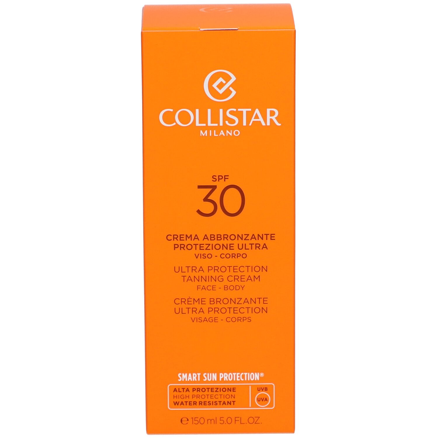 Oranje verpakking. Merk: Collistar Milano. Bevat SPF 30. Tekst: Ultra Protection Tanning Cream.