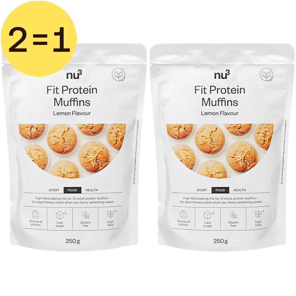 Twee zakken Fit Protein Muffins, citroen, met opdruk "2=1". 