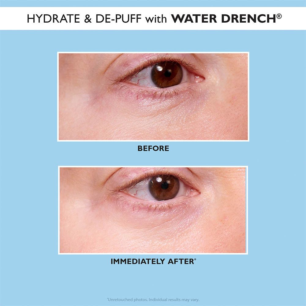 Image avant-après des yeux. Texte : HYDRATE & DE-PUFF with WATER DRENCH. Immédiatement après.