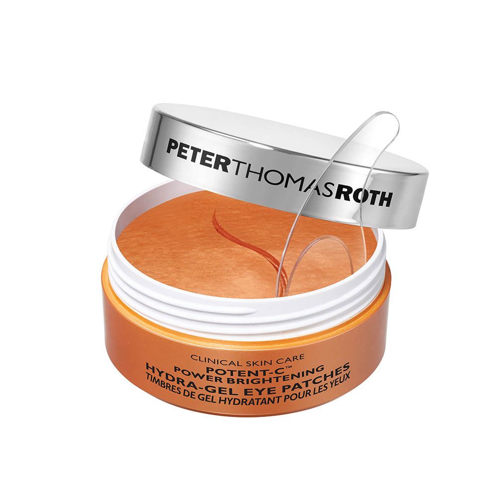 Pot ouvert avec patchs pour les yeux et spatule. Inscription : PETER THOMAS ROTH, POTENT-C, Hydra-Gel Eye Patches.