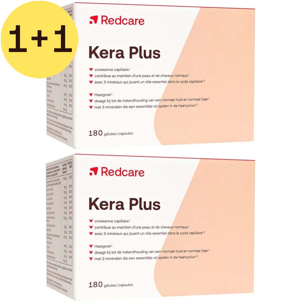 Deux boîtes de Redcare Kera Plus. Autocollant 1+1 GRATUIT. Boîtes blanches avec texte rouge.