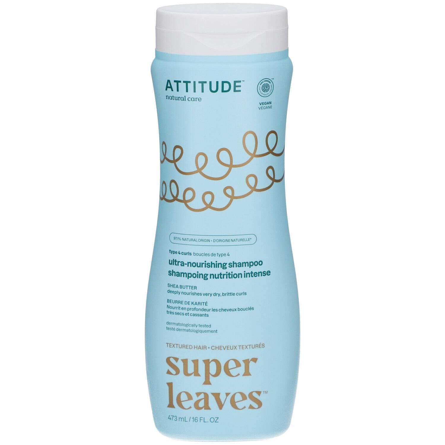 Lichtblauwe shampoo met witte dop. Opschrift: ATTITUDE, Super leaves. Vegan zegel. Tekst: Ultra-voedende shampoo, shea butter.