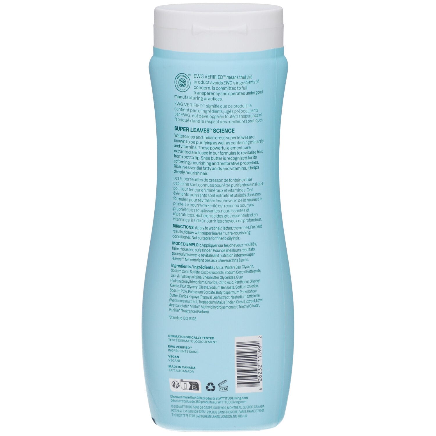 Achterkant van de shampoo fles. Tekst: Super leaves Science, ingrediënten, instructies. Vegan zegel. Barcode en recyclingsymbolen.
