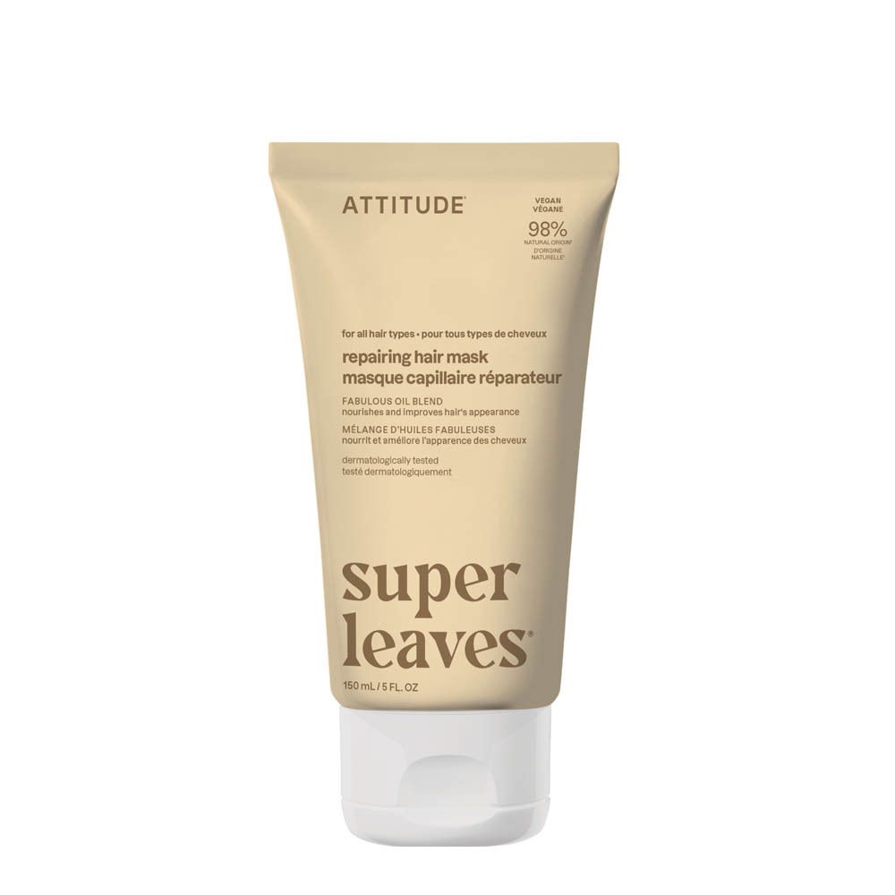 Lichtbeige ATTITUDE Super leaves™ herstellende haarmasker tube met witte dop.