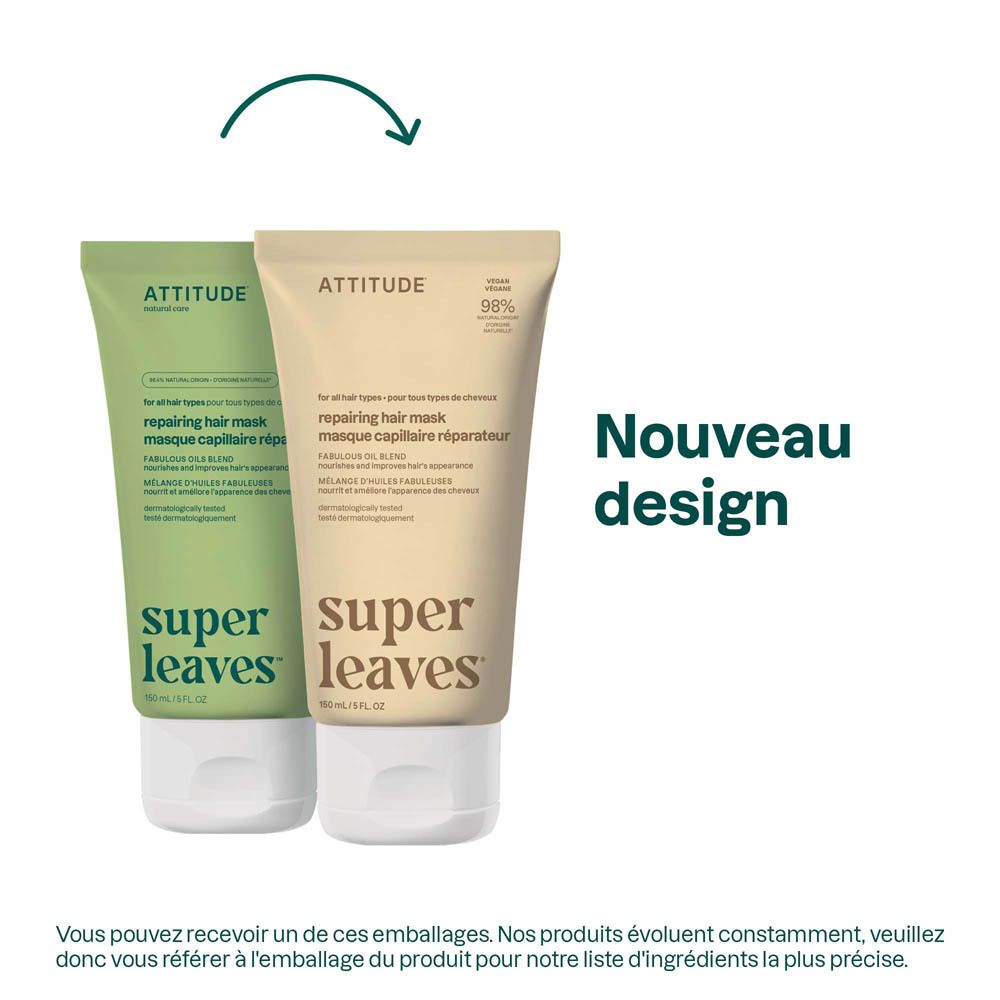 Deux tubes Attitude Super leaves™ masque capillaire réparateur : un vert clair et un beige clair.