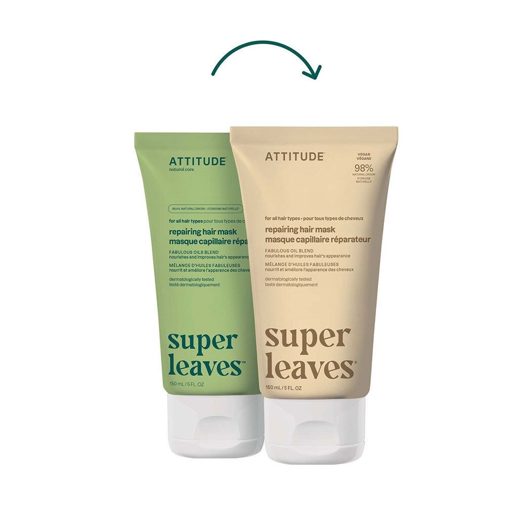 Twee ATTITUDE Super leaves™ herstellende haarmasker tubes: een lichtgroene en een lichtbeige.
