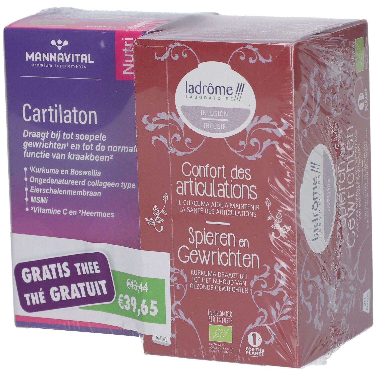 Twee verpakte dozen. Eén met "Mannavital Cartilaton", de andere met "Ladrôme Infusion Confort des Articulations". Prijskaartje.