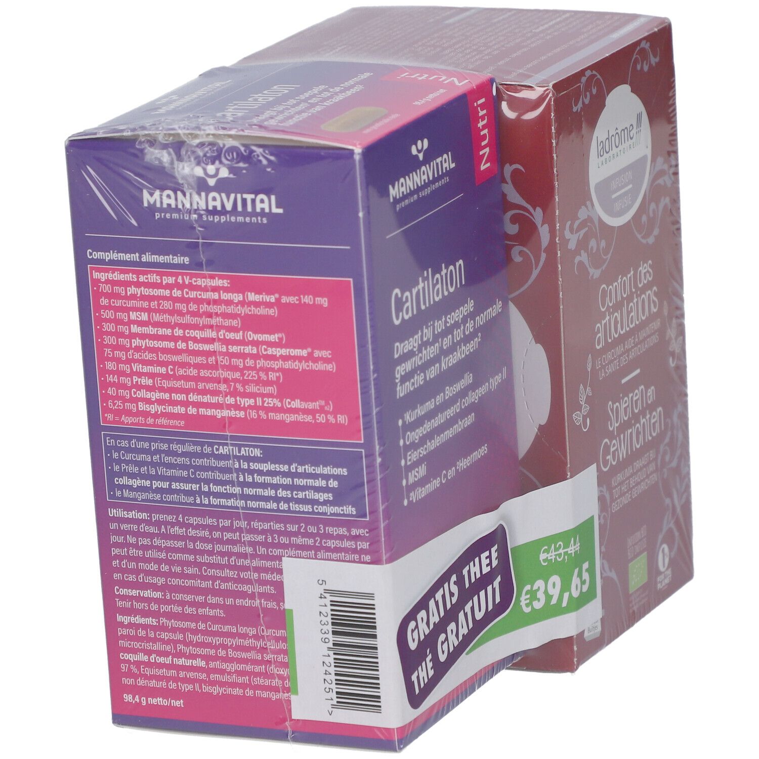 Achterkant van twee verpakte dozen. "Mannavital Cartilaton" met ingrediënten. "Ladrôme Infusion" met bio-label. Prijskaartje.